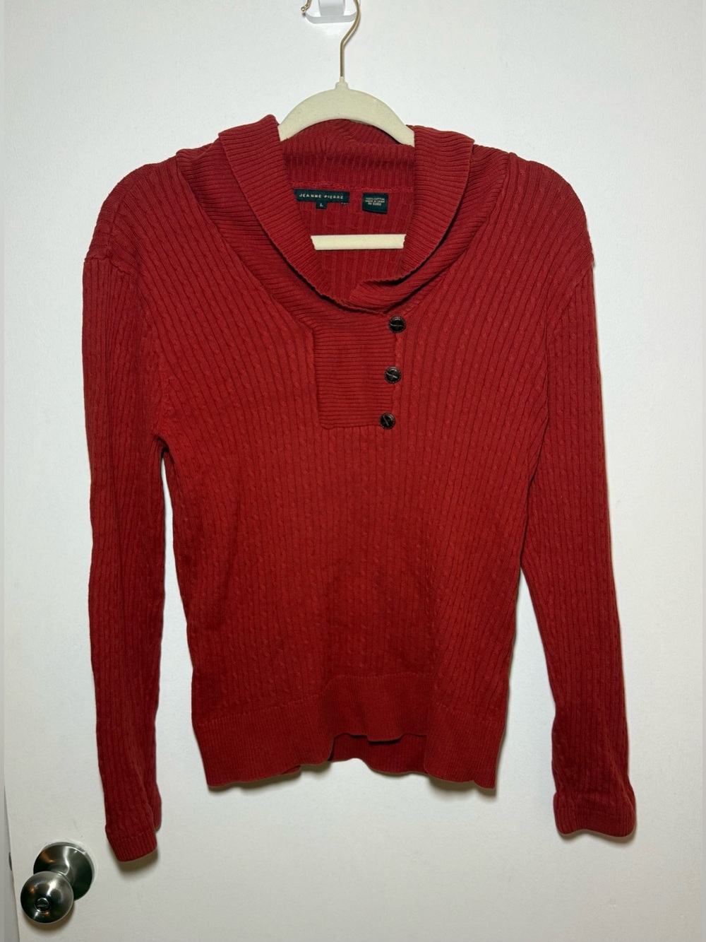 Jeanne Pierre Women's Red Knit Cowl Neck Button 100% Cotton Pullover Sweater L